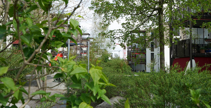 Bande de verdure traversant le lotissement construit par la coopérative Allgemeine Baugenossenschaft Zürich (ABZ) sur l’Entlisberg