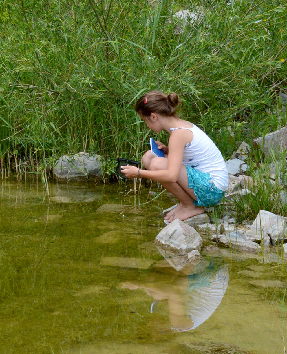 Mädchen beobachtet Wasserinsekten am Weiher